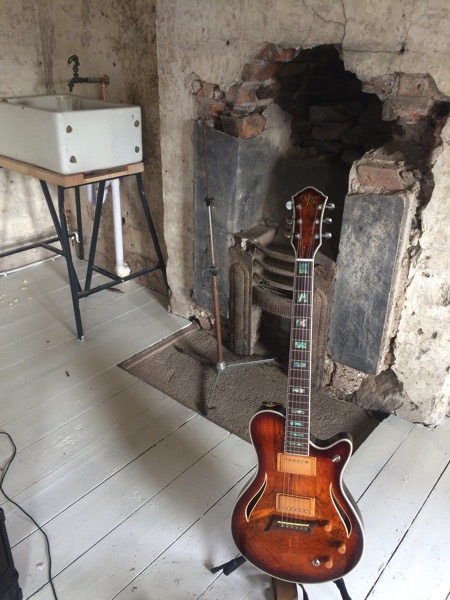 Greywood guitar and fireplace